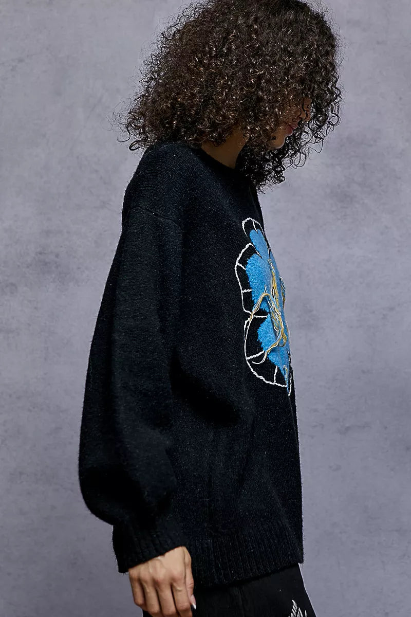 POL Floral Pattern Round Neck Sweater with Exposed Stitching