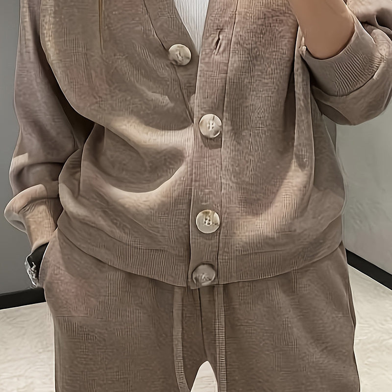 Casual Knit Cardigan With Pocket & Drawstring Lounge Pants