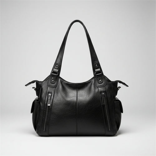 Black leather handbag on a white wall with a small framed picture.