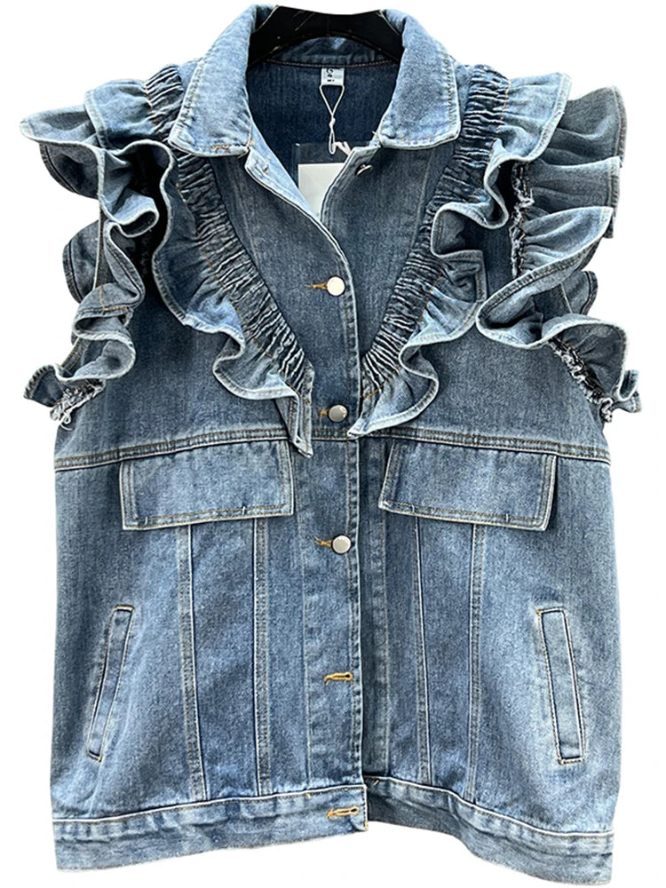 Streetwear Ruffle Spliced Denim Vest