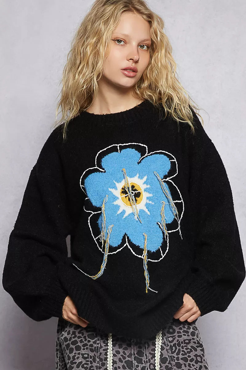 POL Floral Pattern Round Neck Sweater with Exposed Stitching