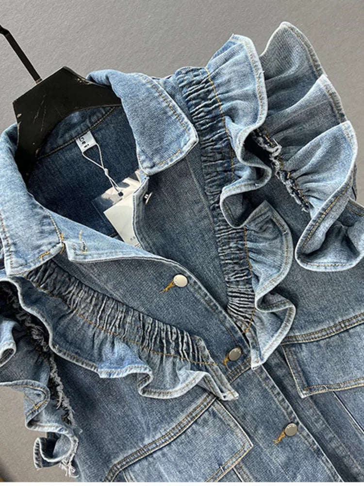 Streetwear Ruffle Spliced Denim Vest