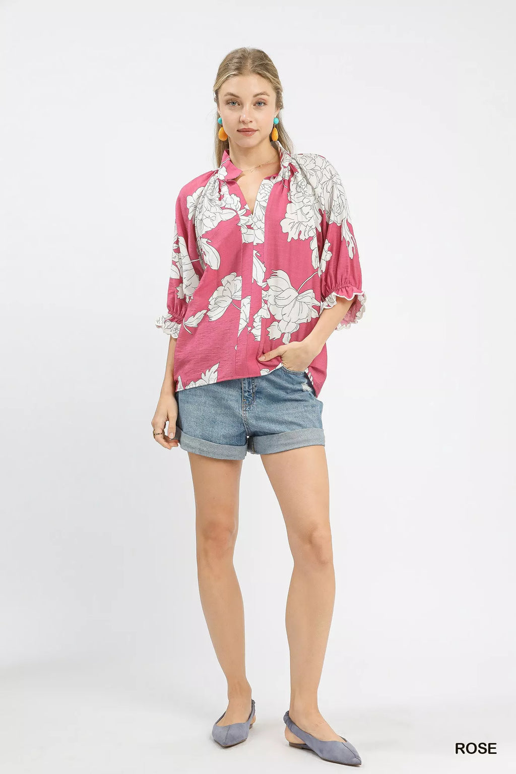 Umgee Peony Illustration Print Flounce Sleeve Blouse