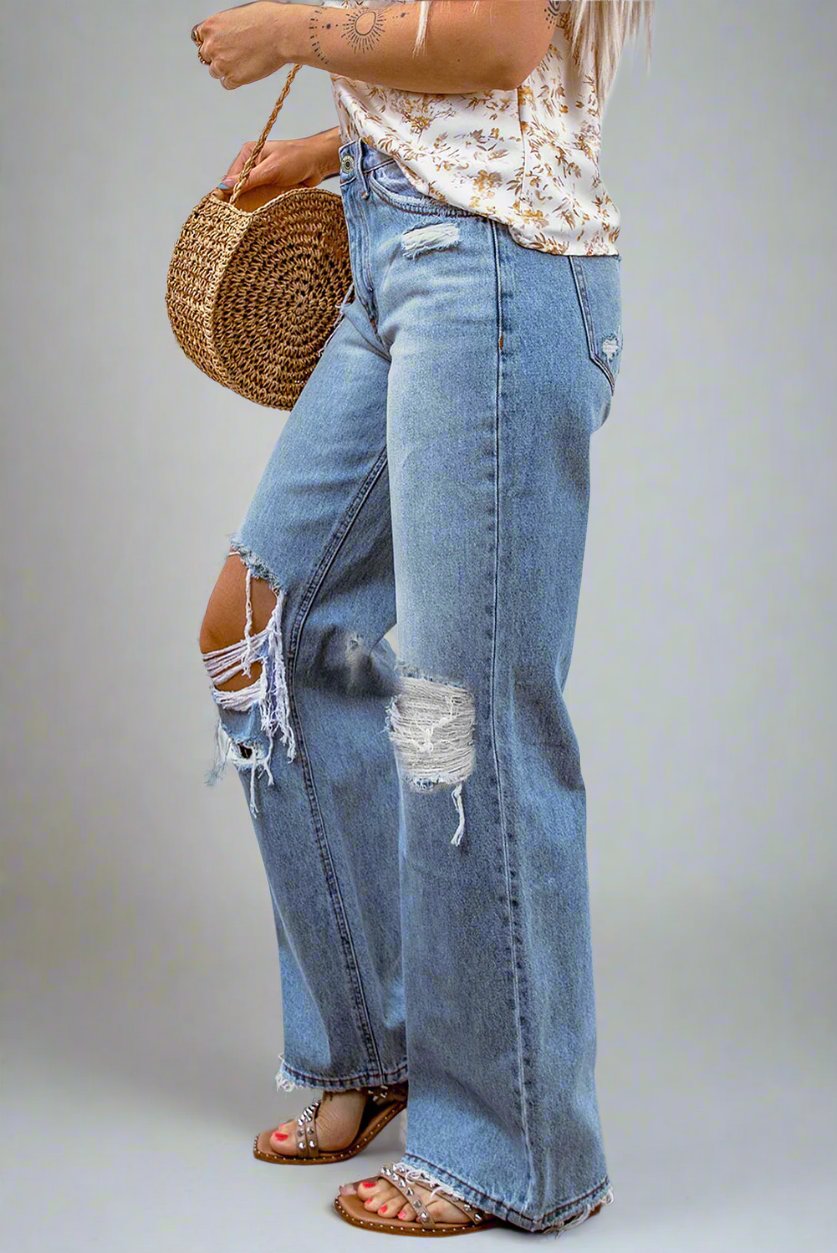 Light Blue Ripped Casual Wide Leg Jeans