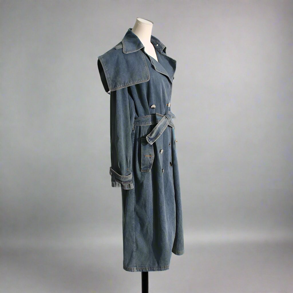 Lapel Mid-length Denim Trench Coat