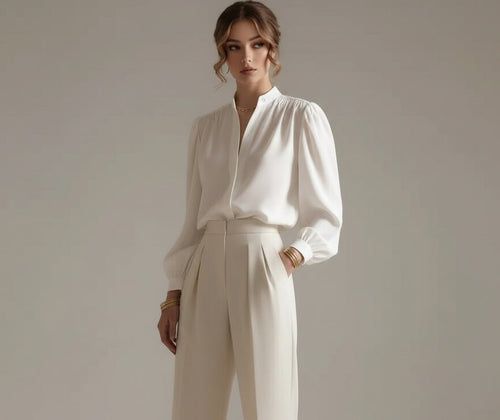 Woman wearing a white outfit against a plain background