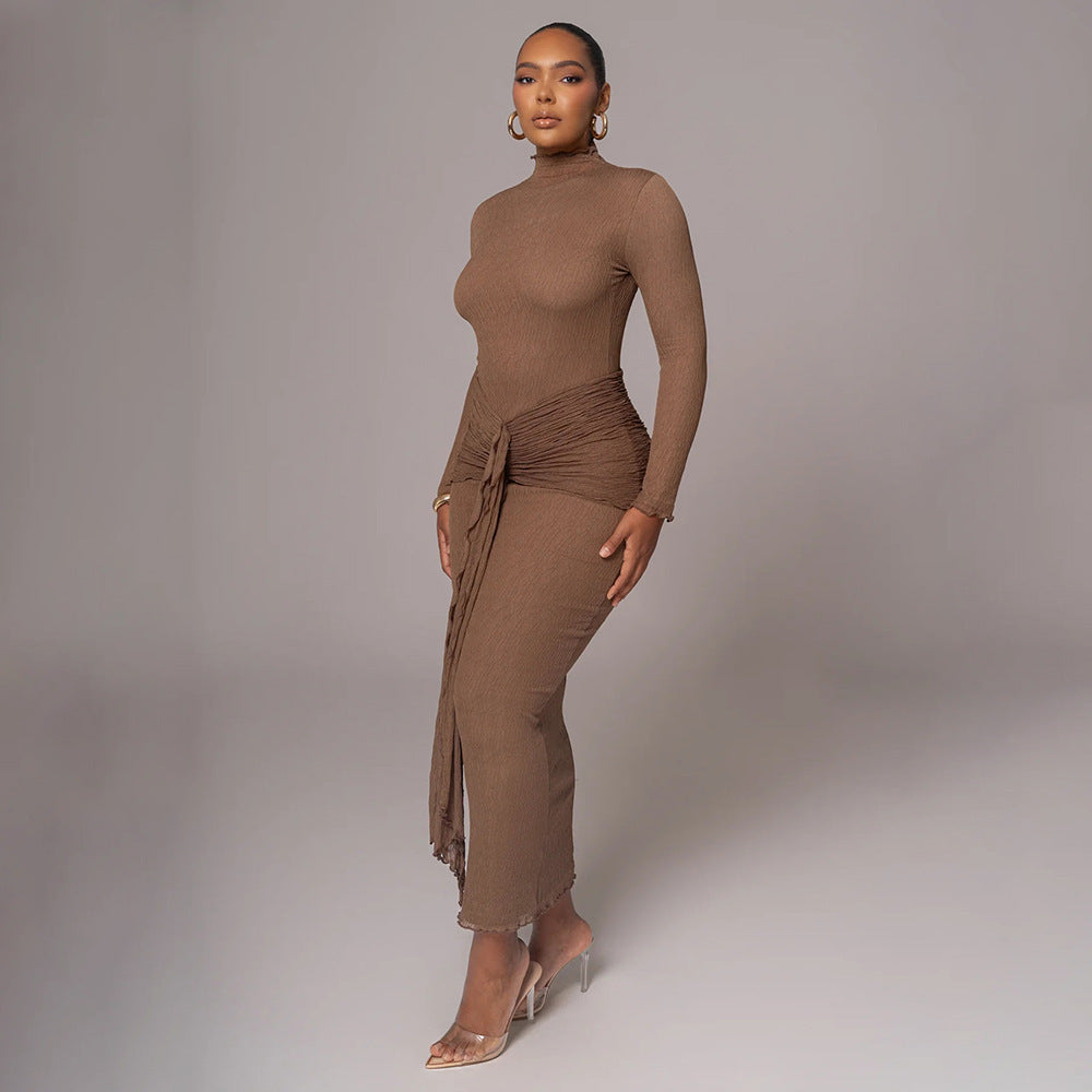 Fashionable Long-Sleeve Pleated Fitted Dress