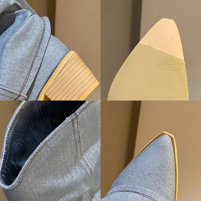Pleated Blue Denim Boots Fashionable Women's Chelsea Boots Autumn Winter Mid-heeled Boots 2024 New Women Shoes Botas Altas Mujer