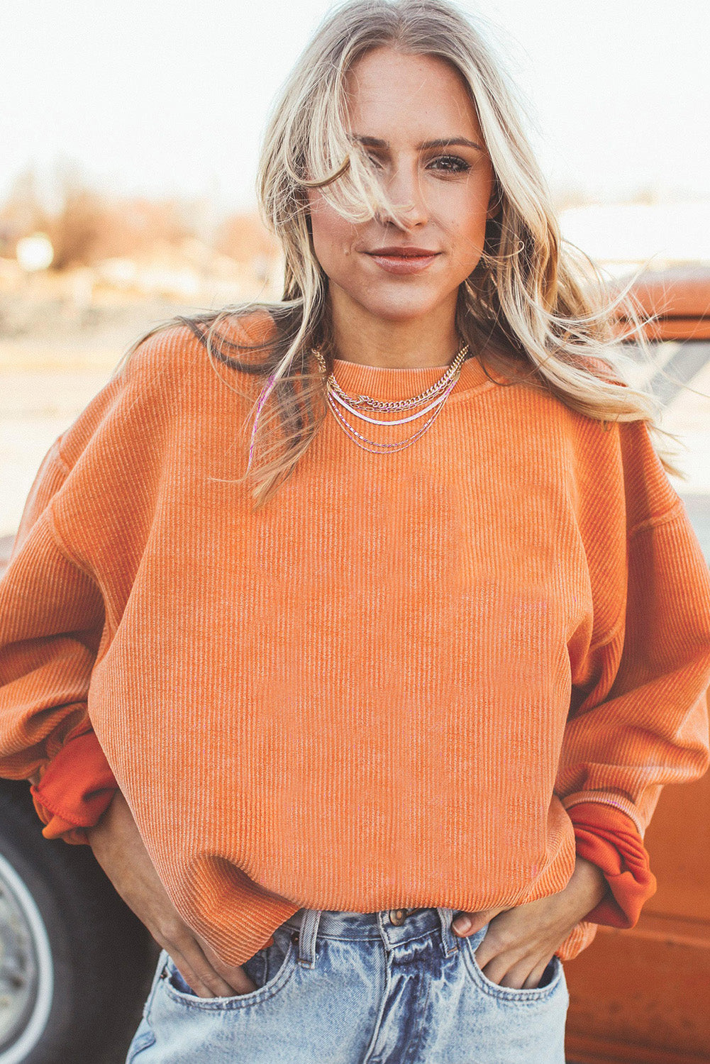 Orange Thanksgiving Thankful Casual Ribbed Corded Sweatshirt