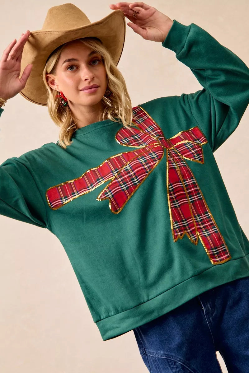 BiBi Plaid Ribbon Bow Detail Christmas Fleece Pullover