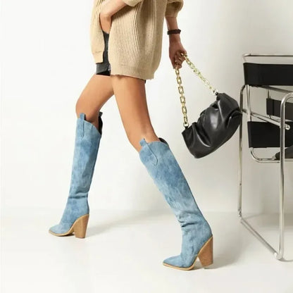 Knee Thigh High Denim Cow Girl Boots