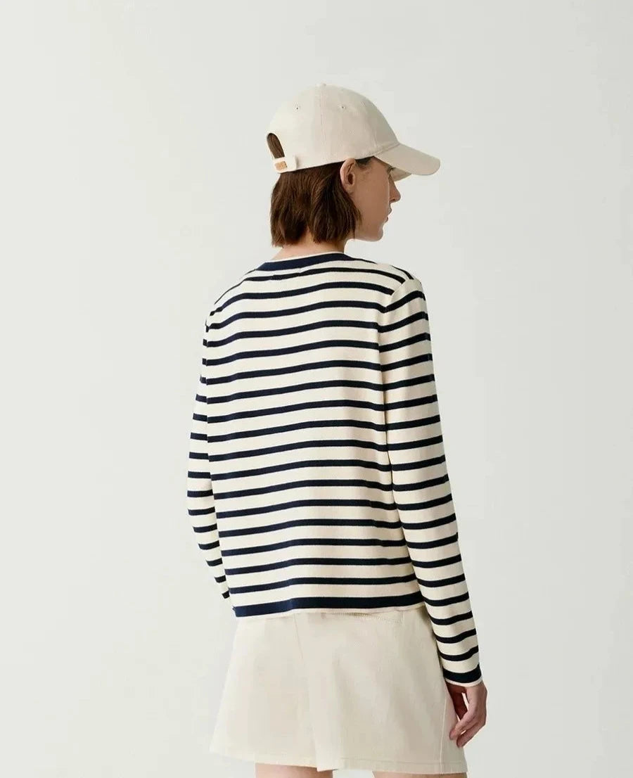 Striped cashmere crew-neck knit cardigan