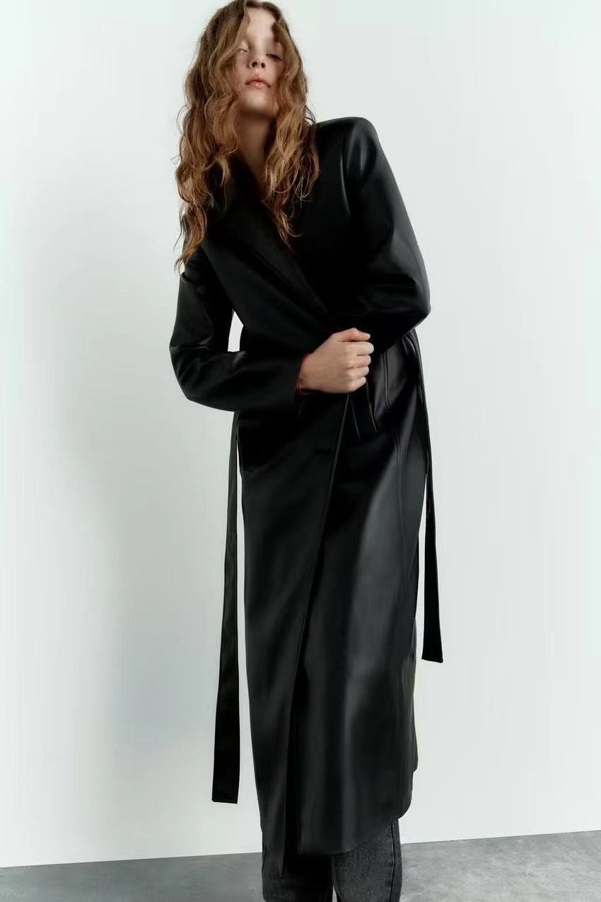 All-match Black Leather Wind Coat