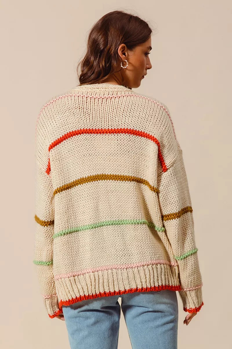 SO ME Loose Fit Multi Stripe Open Front Cardigan