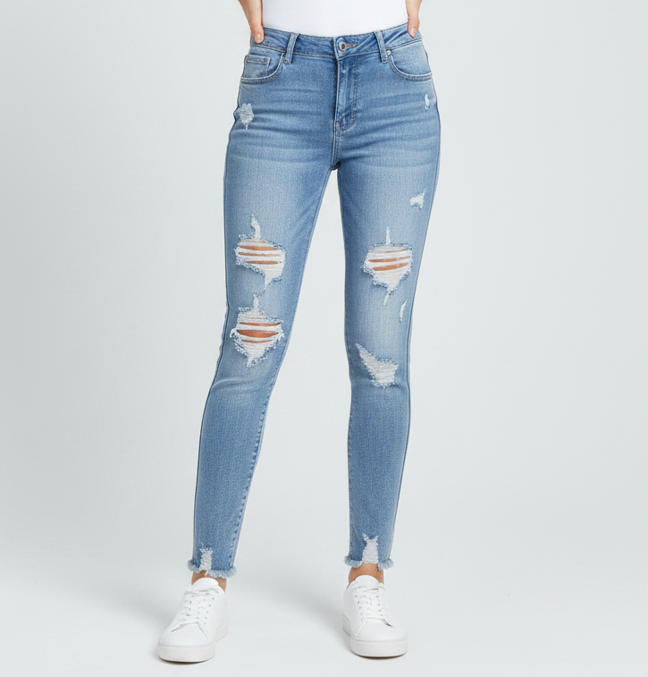 A pair of distressed slim-fit jeans with a mid-rise waist and破坏details.