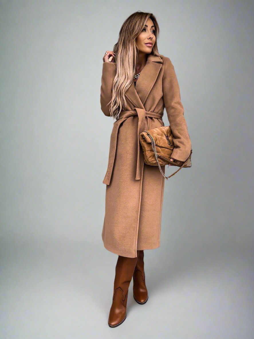 Long-sleeved V-neck Tie Woolen Coat Top