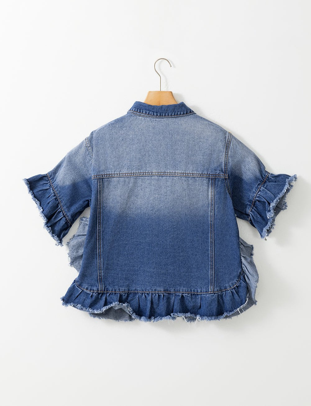 Ruffled Raw Hem Half Sleeve Denim Top