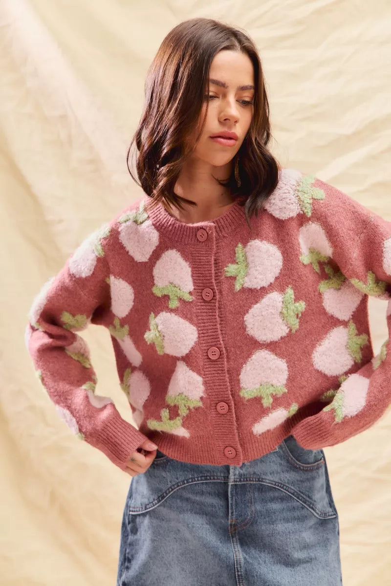 SO ME Strawberry Fruit All Over Button Sweater Cardigan