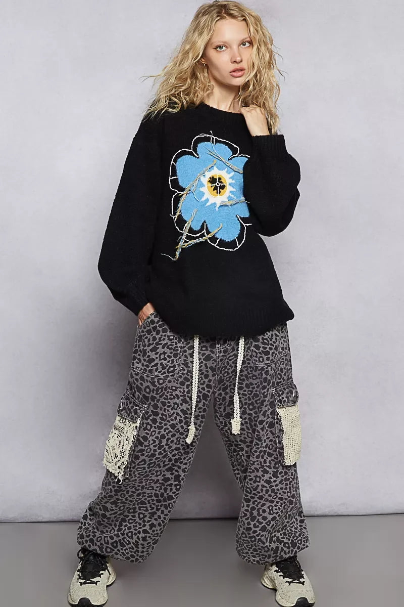 POL Floral Pattern Round Neck Sweater with Exposed Stitching