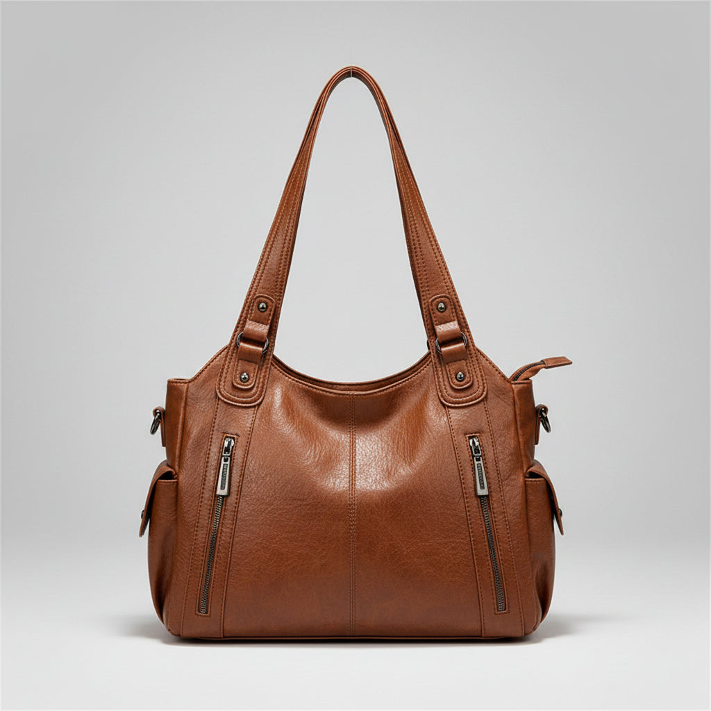 Brown leather handbag on a white surface with a small photo frame in the background.
