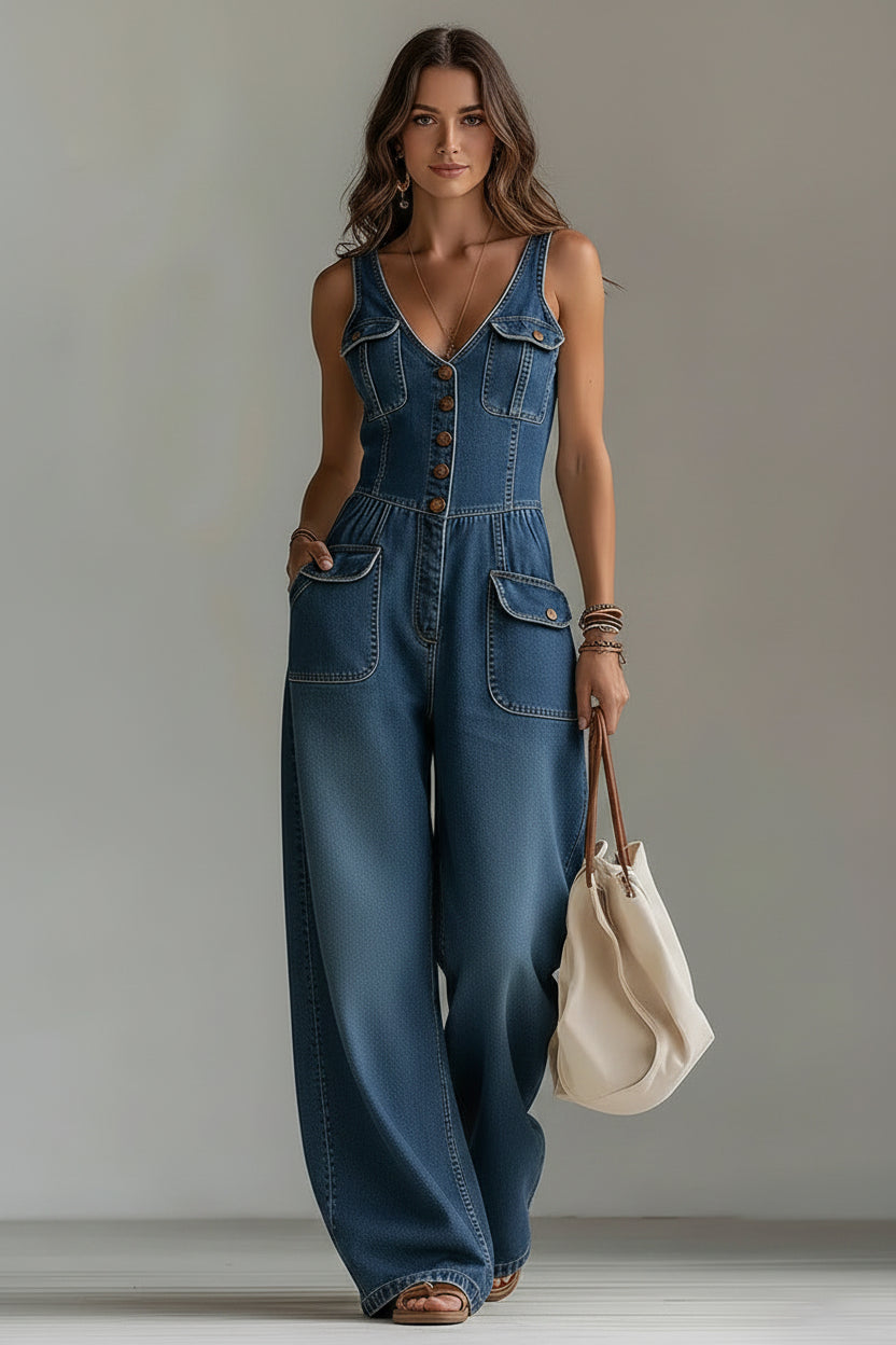 Woman wearing a denim jumpsuit holding a beige handbag against a plain background