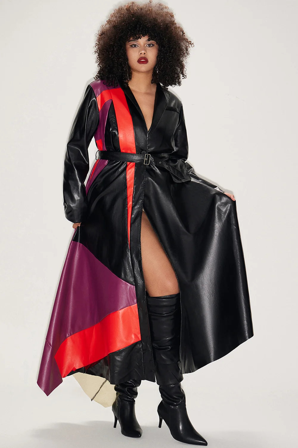 Curve PU Leather Windbreaker Trench Coat
