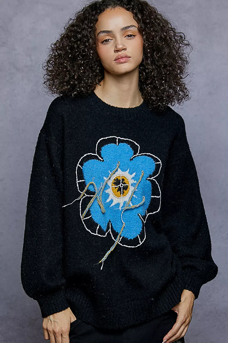 POL Floral Pattern Round Neck Sweater with Exposed Stitching