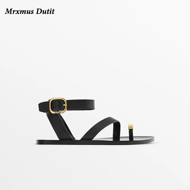 Mrxmus Dutit2023 Summer Fashion New Women Genuine Leather Flat Clip Toes Sandals Versatile Simple Casual Beach Shoes Female Chic