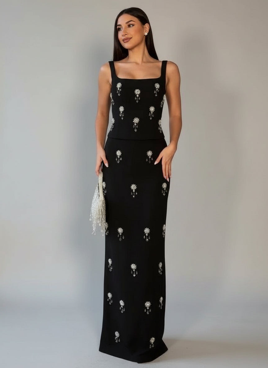 Black Two-piece Beaded Zipper Top & Skirt Set