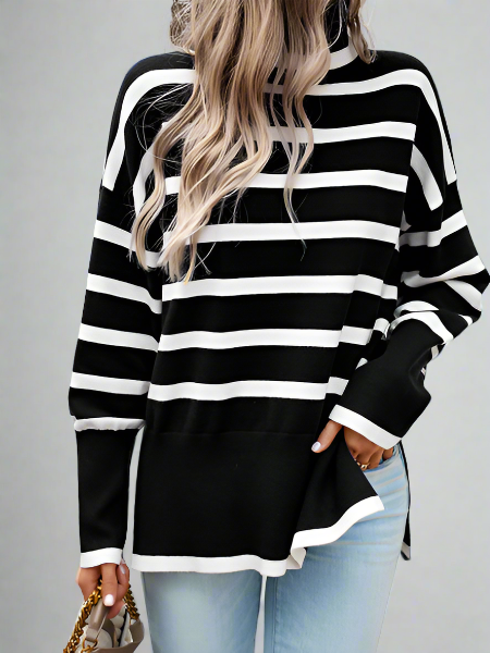 Striped Turtleneck Side-slit Sweater