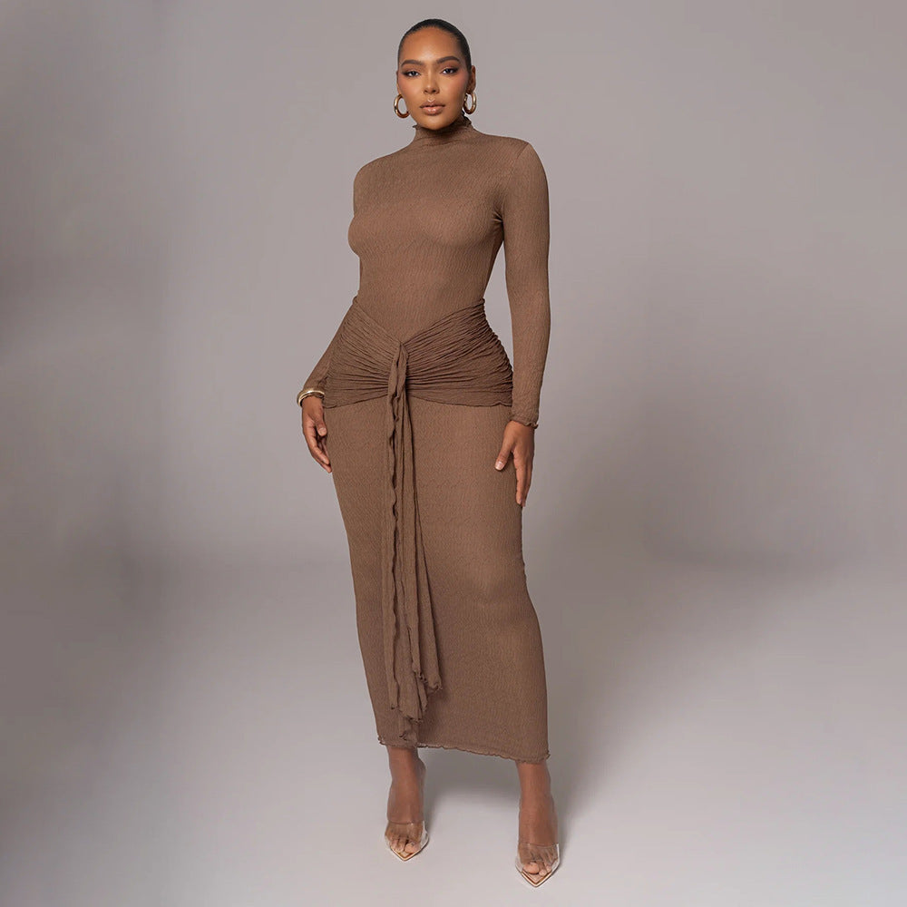 Fashionable Long-Sleeve Pleated Fitted Dress