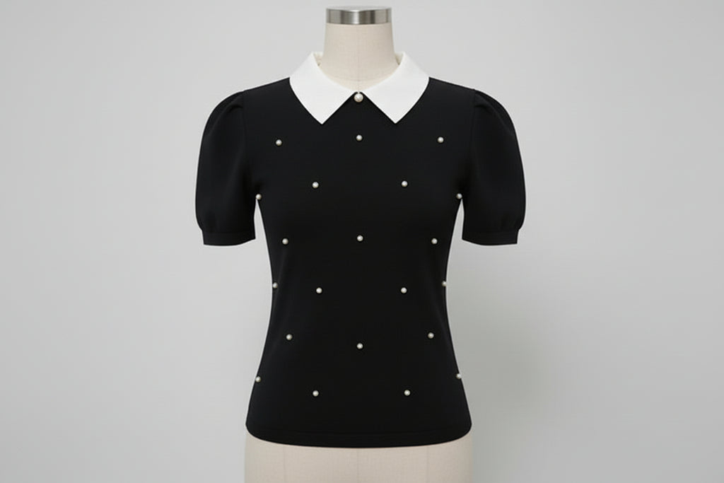 Stylish Pearl like Lapel Bow Top