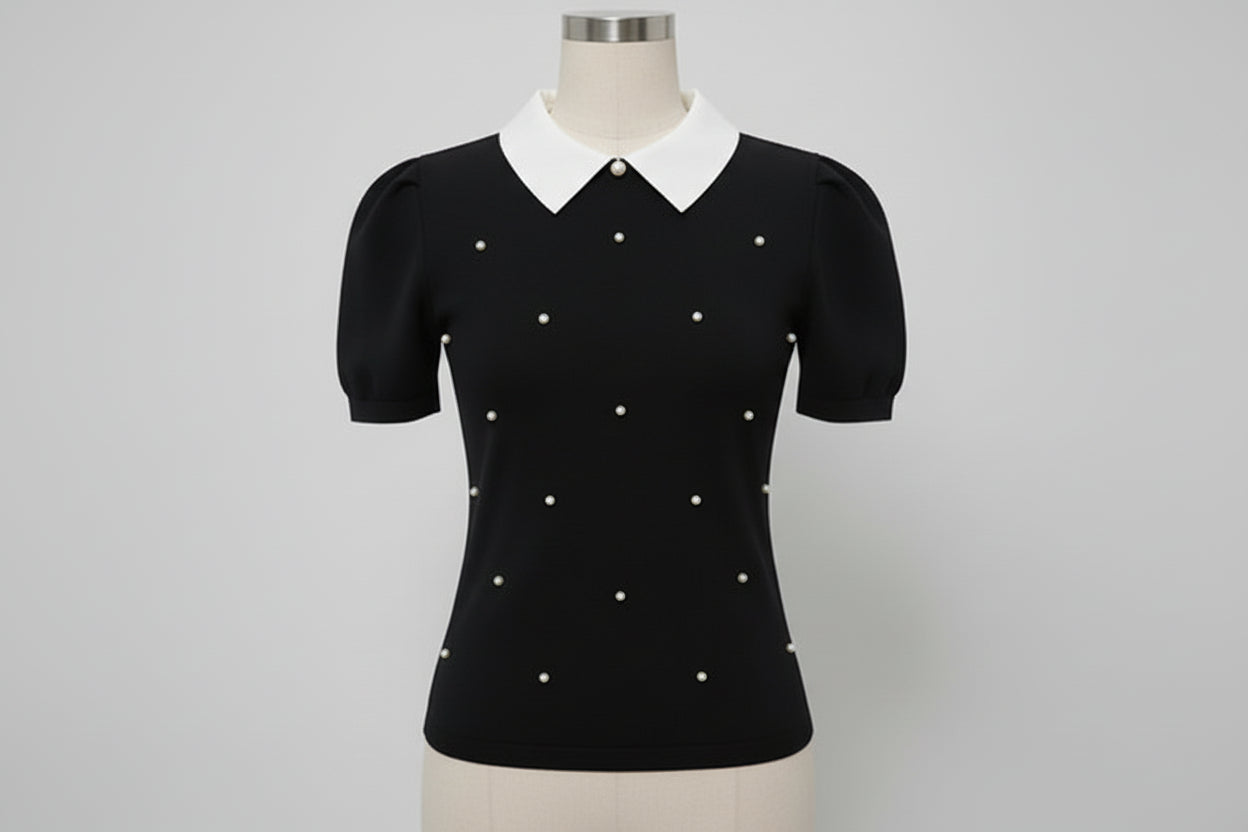 Stylish Pearl like Lapel Bow Top