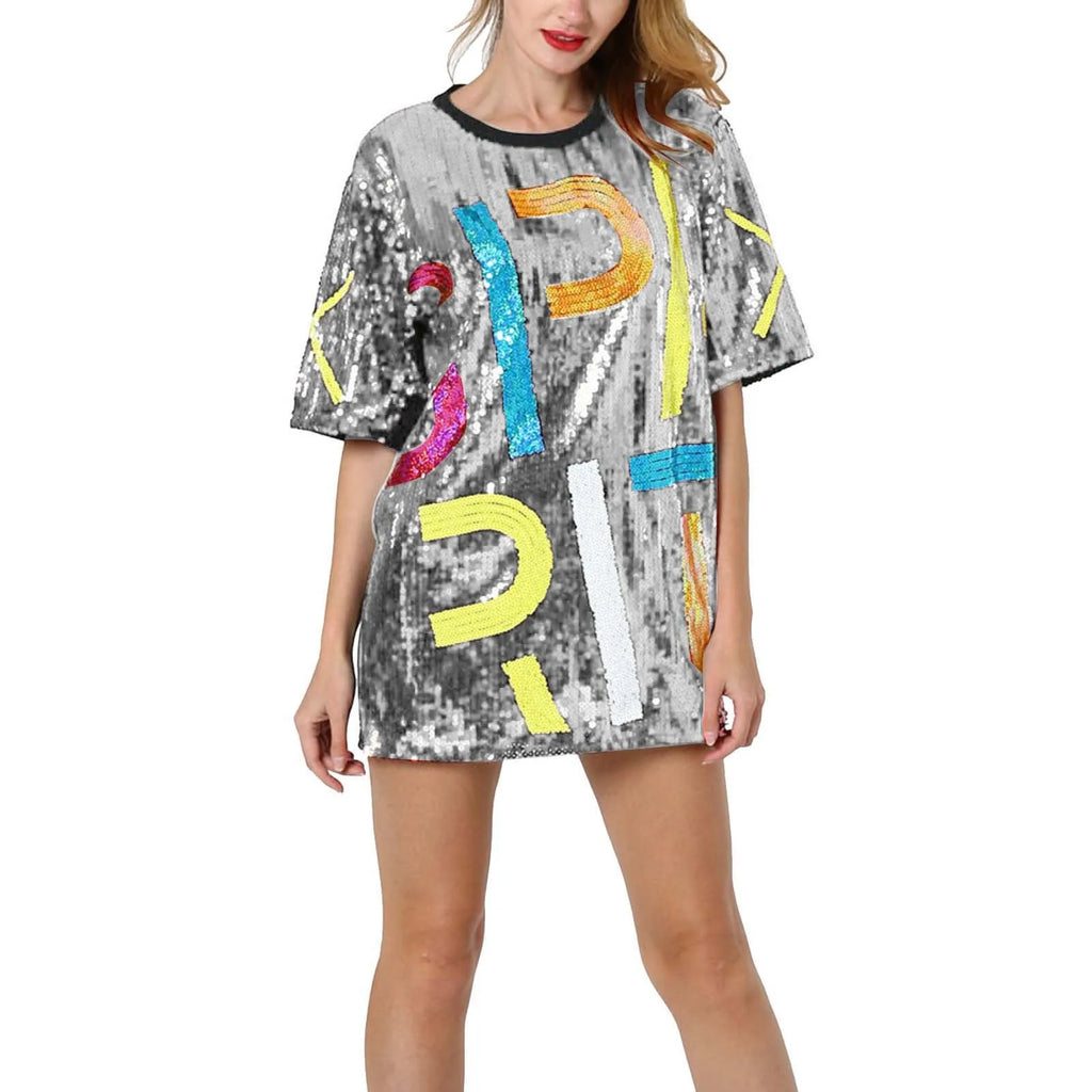 Graphic Sparkly Sequin T-Shirt Dress