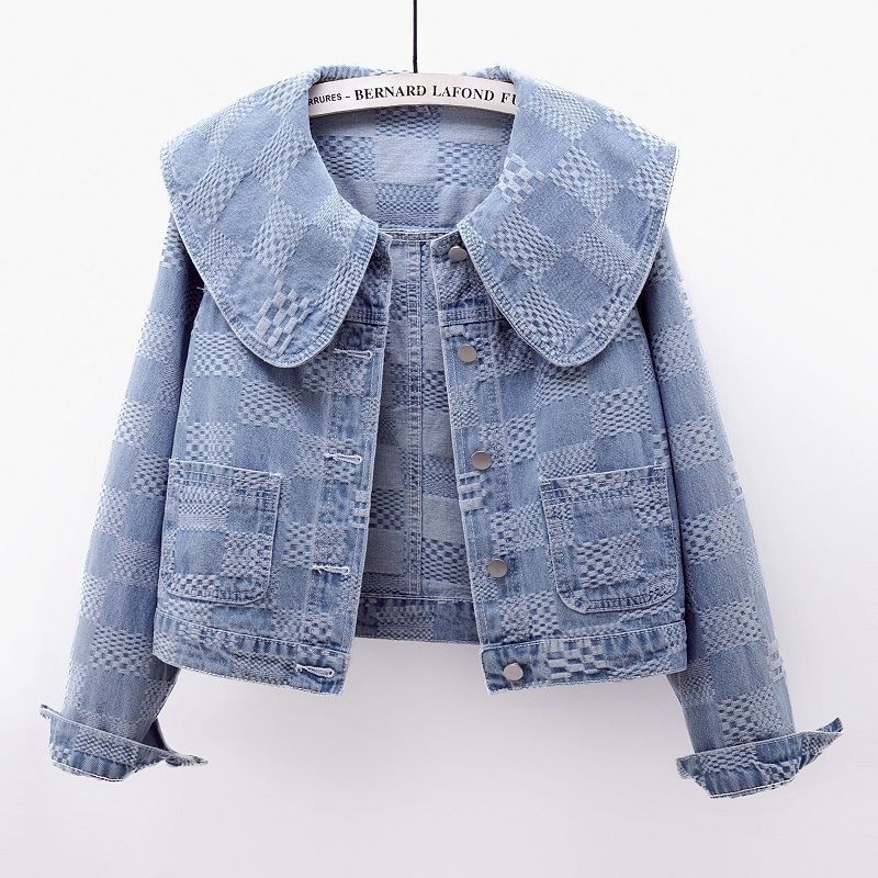 Niche Sailor Collar Jacquard Short Denim Coat