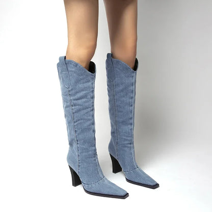 Denim Thigh High Cow Girl Boots