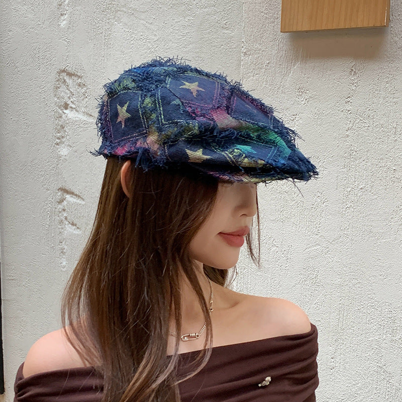 Colorful Plaid Star Distressed Beret — Korean Style Five-Pointed Hat