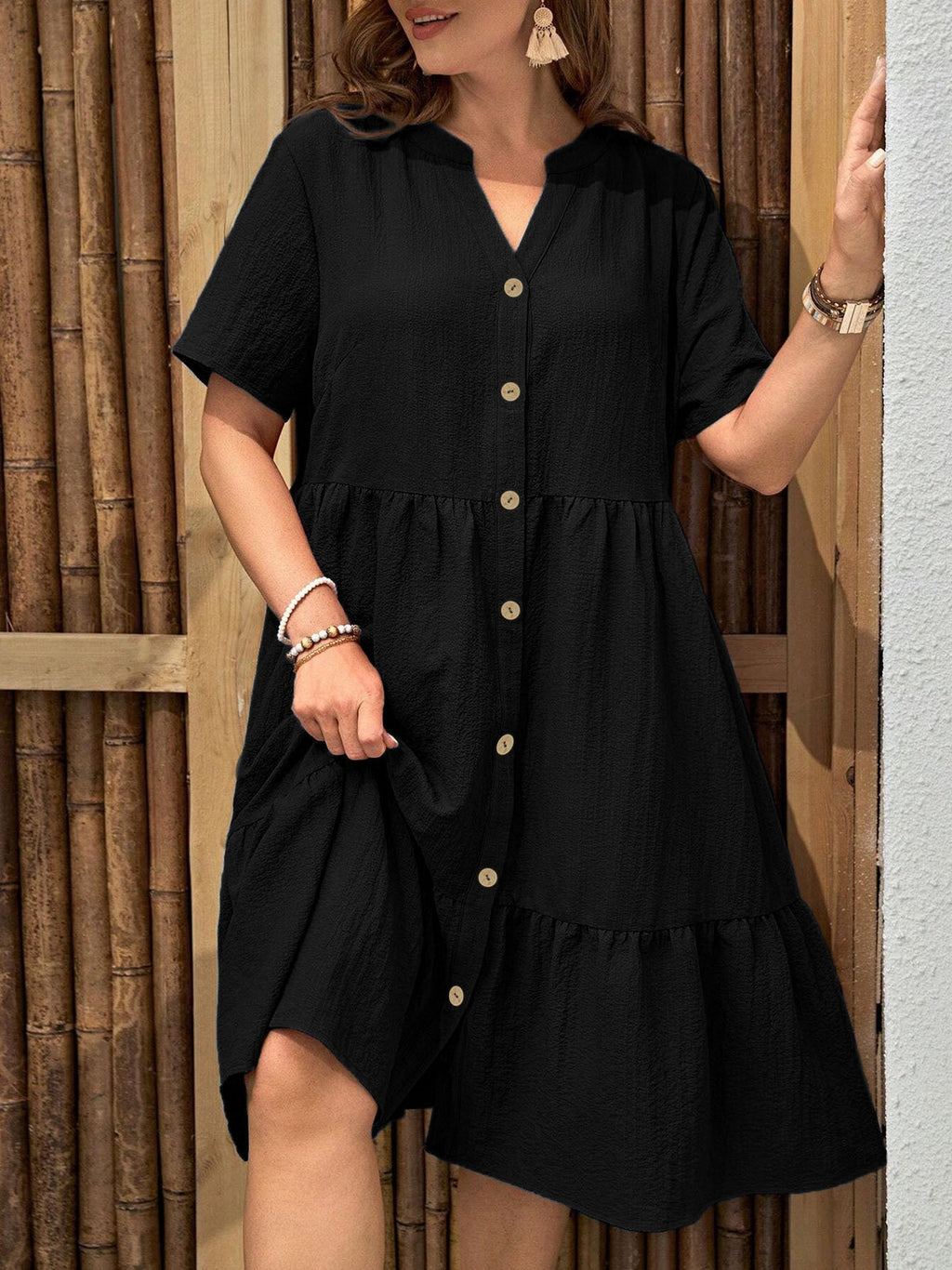 Plus-Size Button-Front V‑Neck Midi Dress