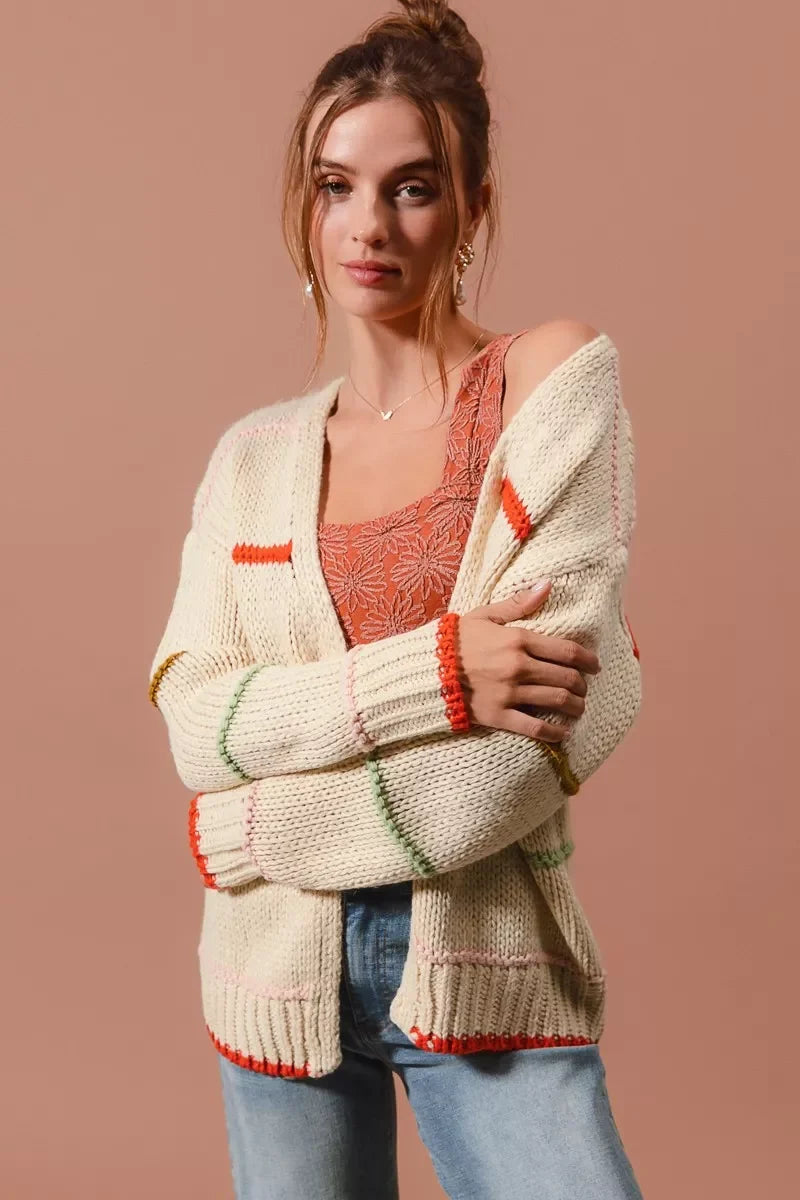 SO ME Loose Fit Multi Stripe Open Front Cardigan