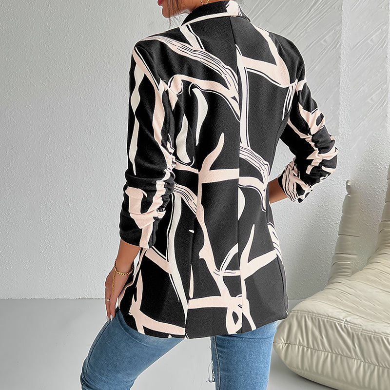 Women's Abstract Print Blazer Button Long Sleeve Work Jacket