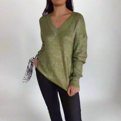 Metallic Knitted V-neck Pullover