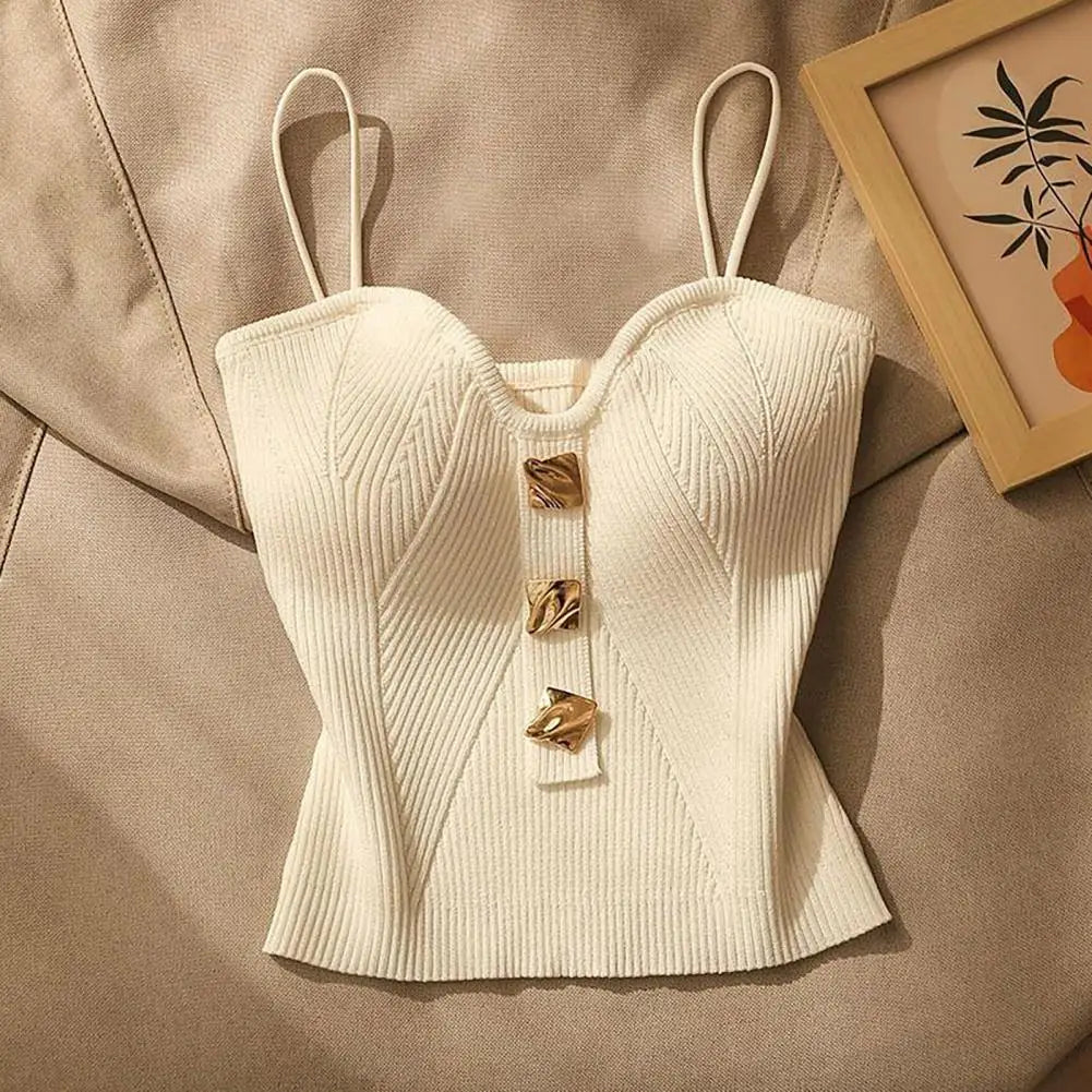 Women Vest Spaghetti Strap Padded Backless Sleeveless Knitted Elastic Solid Color V Neck Button Decor Camisole Bottom Crop Top