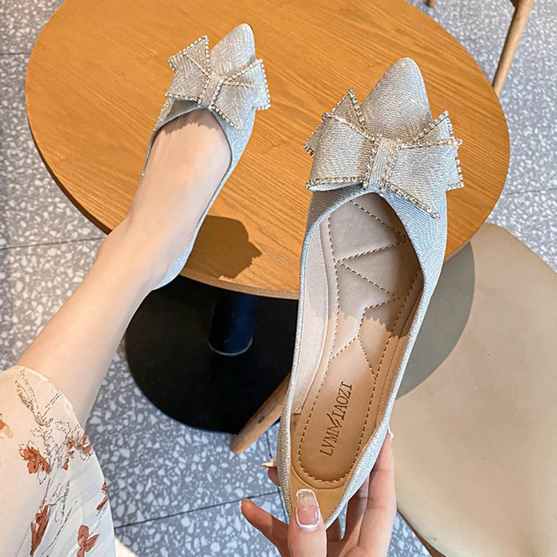 Women pointed toe glitter ballet flats Sequins bowknot moccasins ladies designer crystal flat shoes comfy loafers vc5275