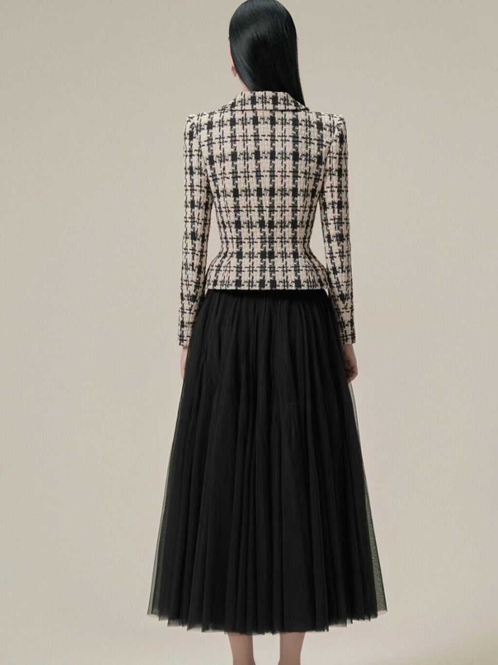 Retro Houndstooth Woolen Coat & Black Mesh Skirt Set