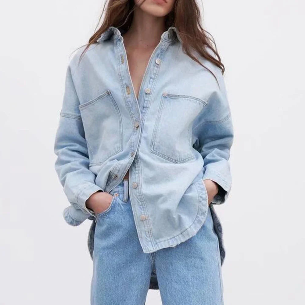 Women Spring Autumn New British Style Women's Wear Retro Old Korean Style Casual Loose Pocket Denim Shirt Coat