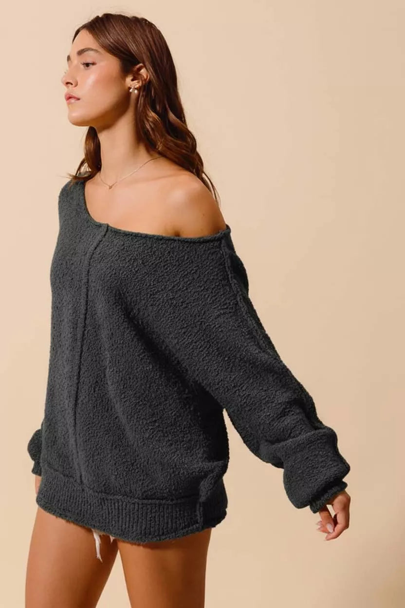 SO ME Loose Fit Exposed Seam Slouchy Boucle Sweater