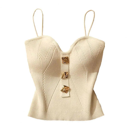 Women Vest Spaghetti Strap Padded Backless Sleeveless Knitted Elastic Solid Color V Neck Button Decor Camisole Bottom Crop Top