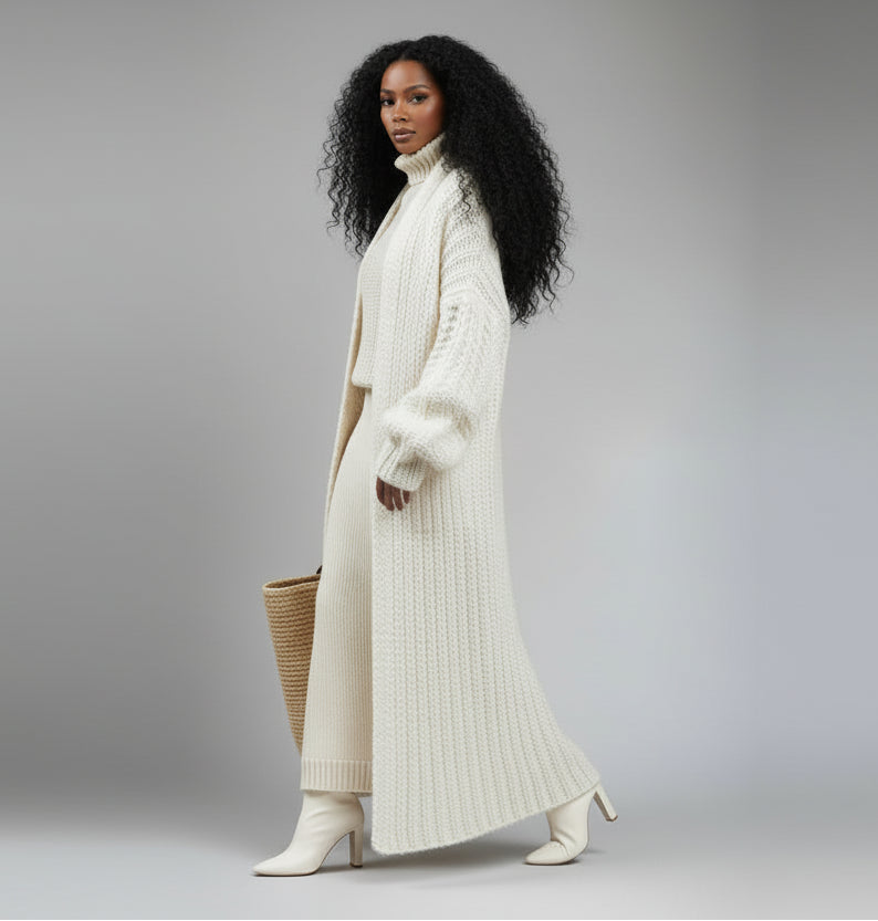 Woman wearing a beige knit outfit with a long coat and holding a woven bag on a gray background