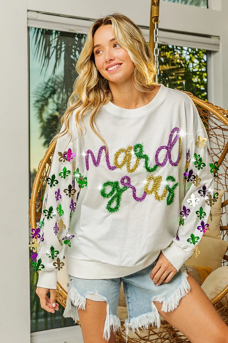 BiBi Fleur De Lis Sleeve Mardi Gras Pullover