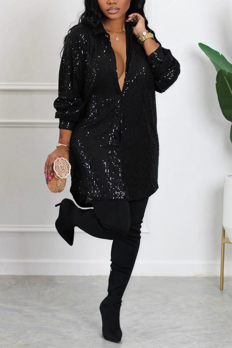 Curve Casual Black Sequin Long Sleeve Shirts